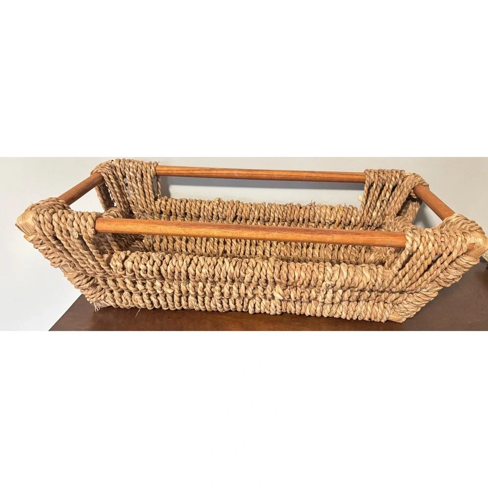Vintage Woven Seagrass Basket Wood Frame Handles Rectangular Tray Boho 22x11